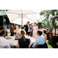 White tablecloth with umbrella hole. 