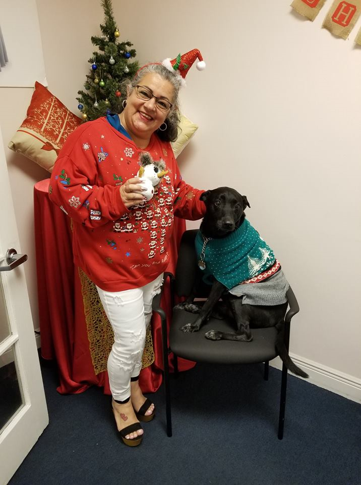 The dog KitKat wears his Christmas sweater during the holidays of 2018.